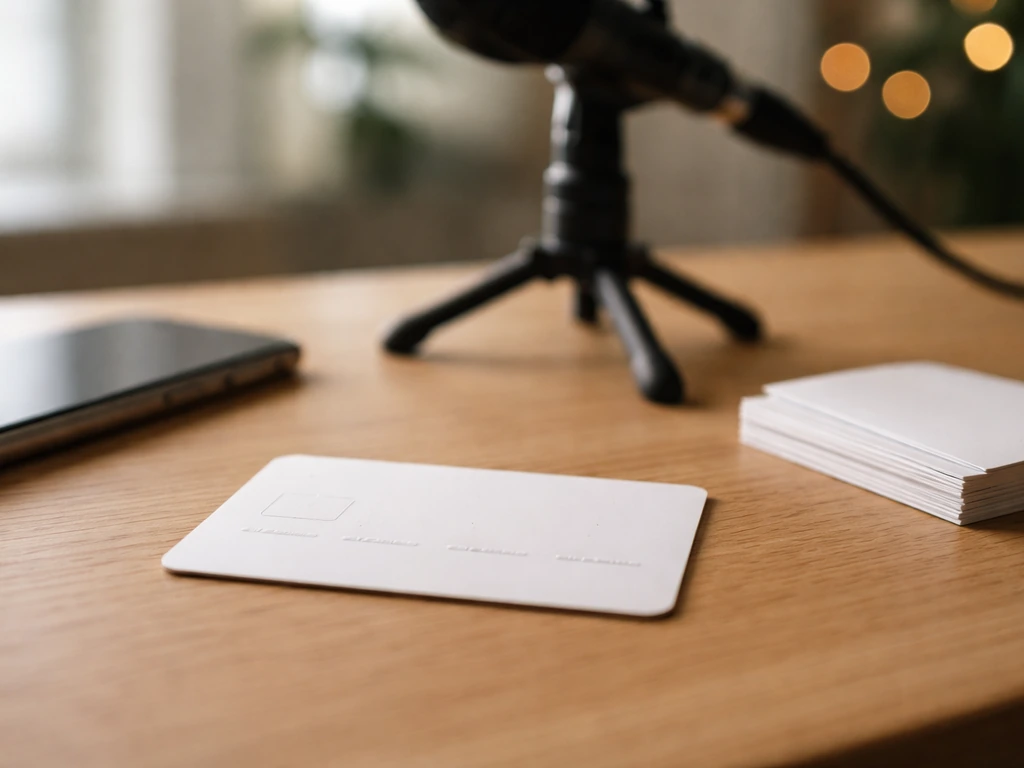 Blank media “credit” card on a desk beside a phone and microphone, suggesting documentary participation and payments
