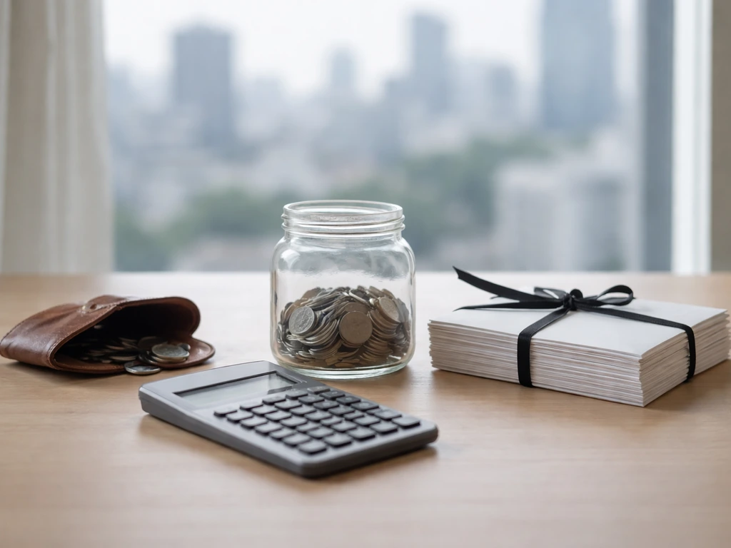 Minimal desk scene with a calculator and coins, visually emphasizing debt outweighing assets.