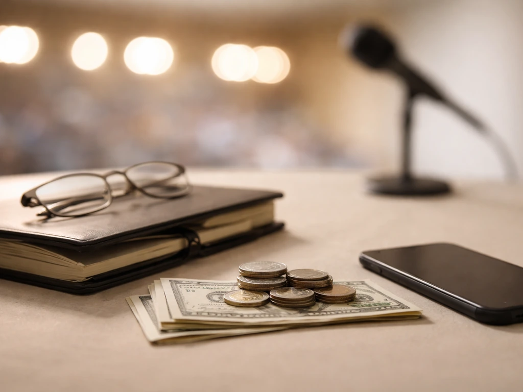 Minimal finance desk with smartphone, notebook, glasses, coins, and blurred media-arena background symbols