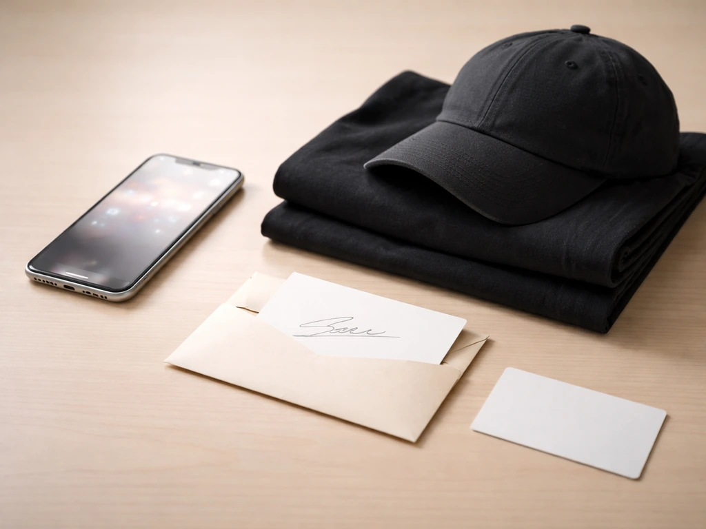 Minimal desk scene with a smartphone, blank merch items, and cards representing sponsorships and paid bookings.