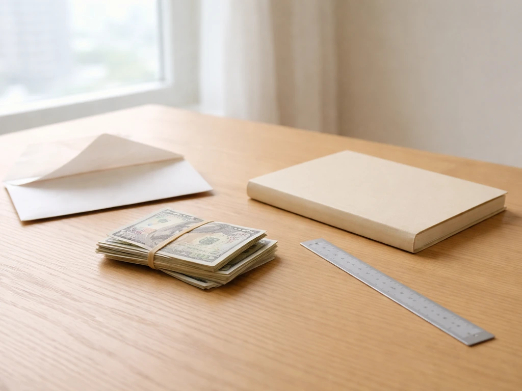 Minimal desk scene with scattered cash and a neutral notepad, symbolizing uncertain wealth estimates