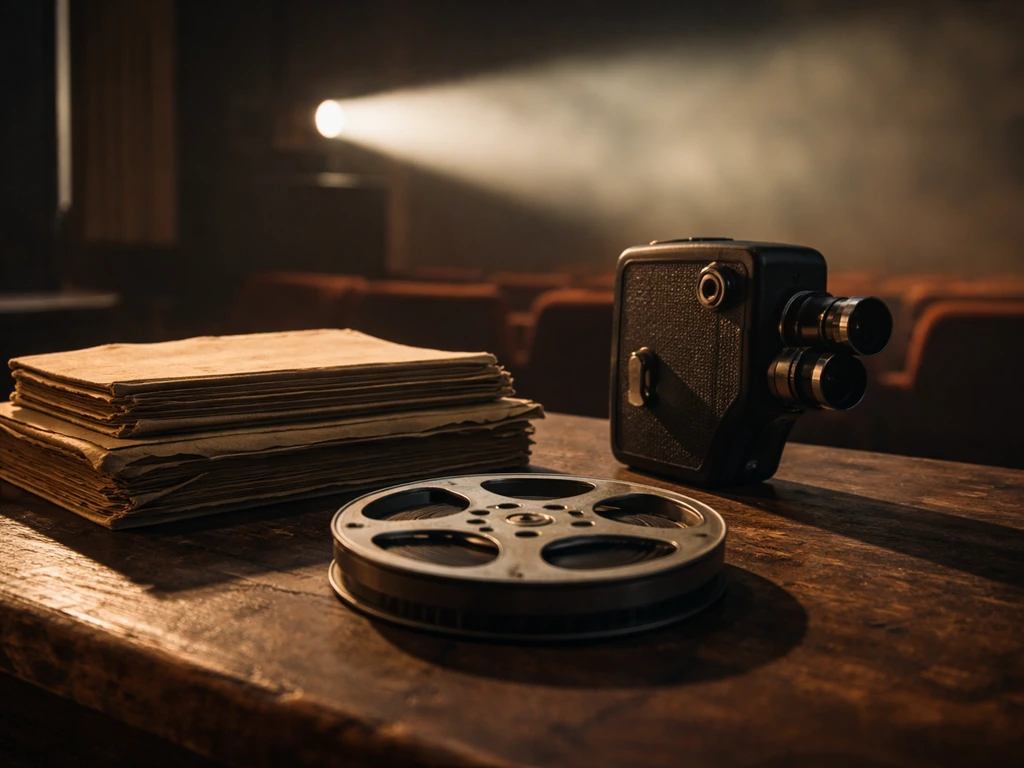 Vintage film studio desk with film reel and camera, softly lit theater background, no people.