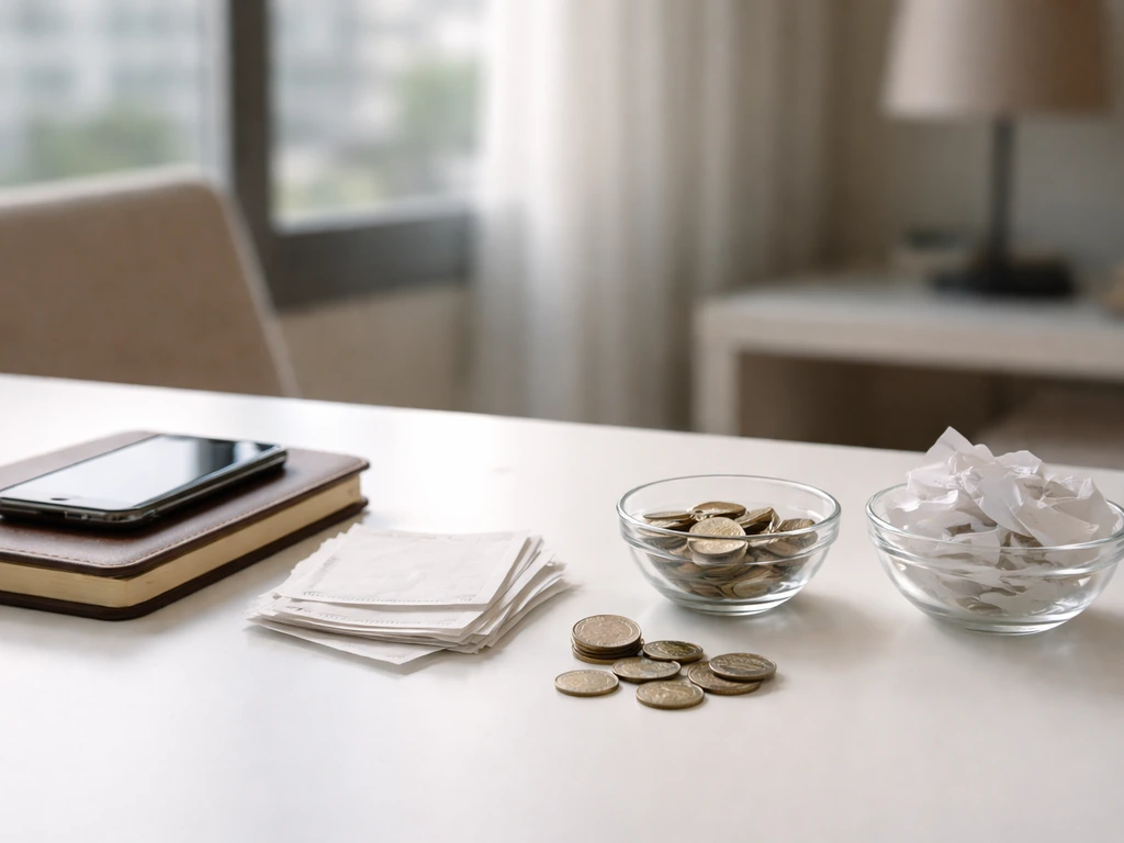 Minimal photo of a notebook, smartphone, and scattered coins beside a blurred office window, symbolizing assets vs liabi