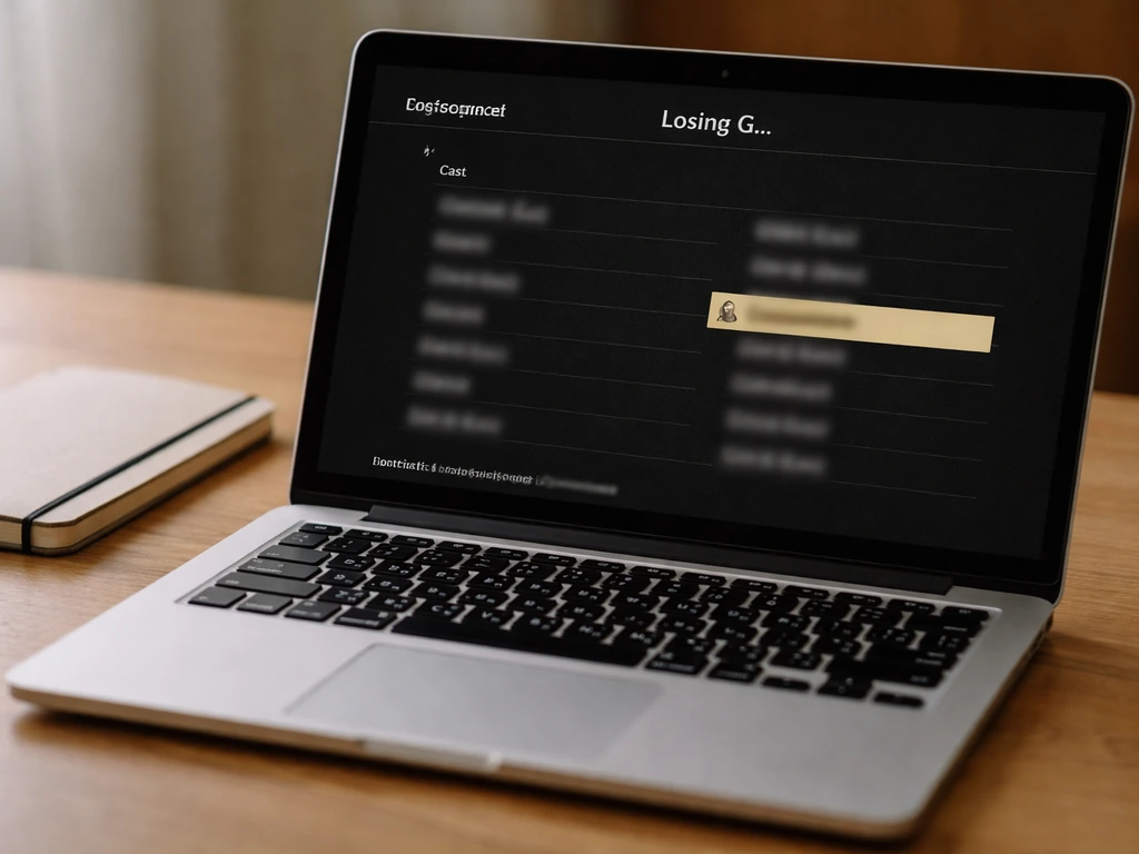 Laptop on a desk showing an IMDb-like movie credits page with a name match reference.