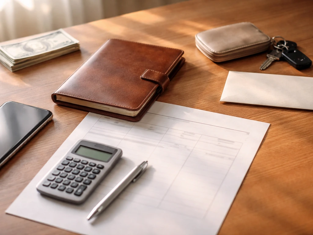 Minimal desk scene with calculator and paper showing assets minus liabilities concept, no text
