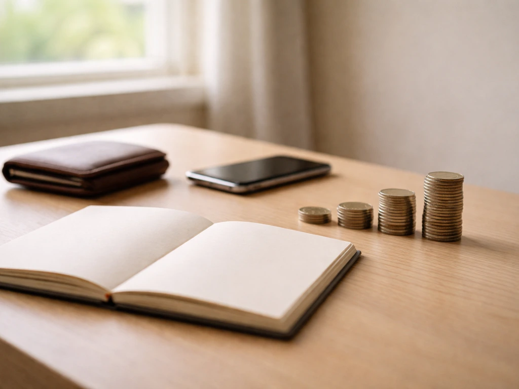 Minimal desk scene with wallet, notebook, coins, and a subtle sense of financial progression over time