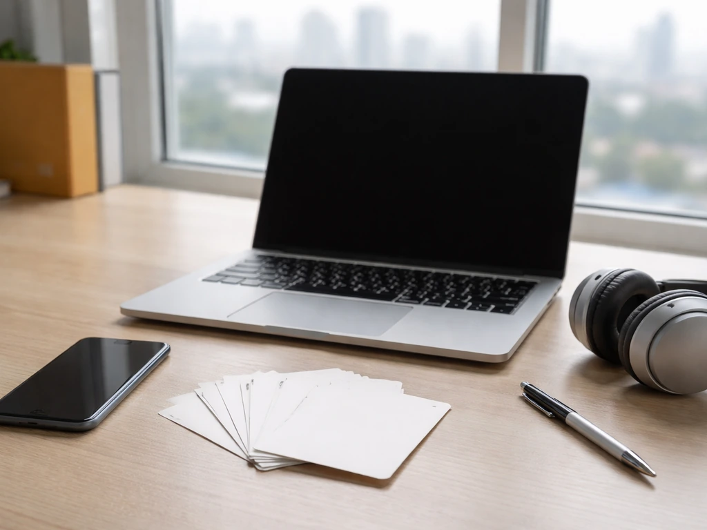 Minimal desk scene with laptop showing verification checklist-style cards and muted finance folder icons