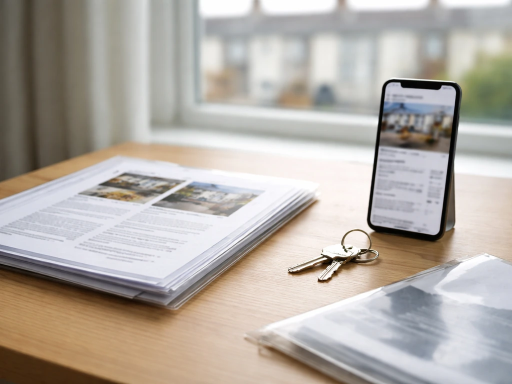 Desk with blurred rental documents, folder, smartphone, and keys suggesting UK property record verification.