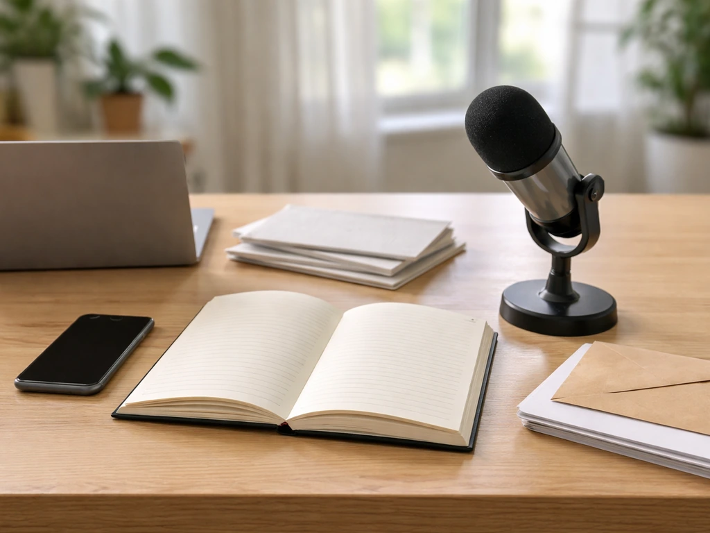 Minimal photo of a notebook, smartphone, and microphone setup on a tidy desk symbolizing course monetization.