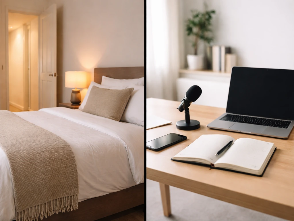 Two side-by-side scenes showing serviced accommodation stay and education/coaching activity without any people.