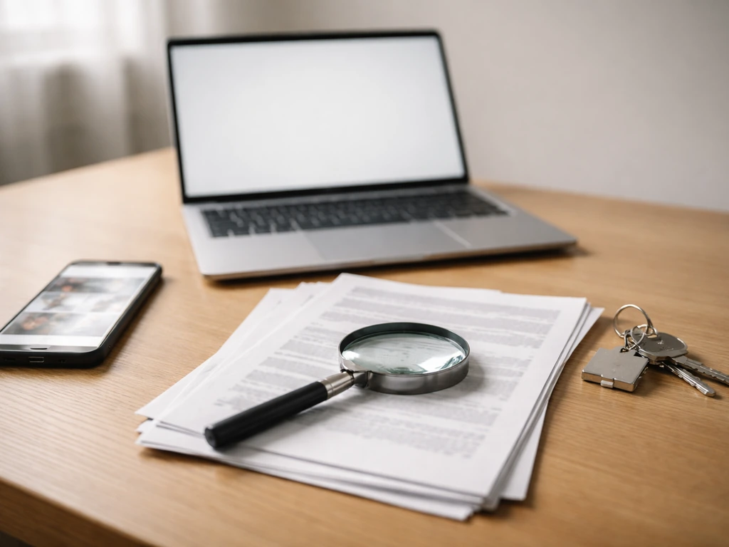 Minimal desk scene with magnifying glass, blurred phone, and documents suggesting verification of net worth claims.