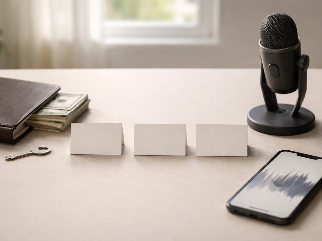 Minimal desk scene with documents, cash, and a microphone symbolizing evidence behind a net worth range.