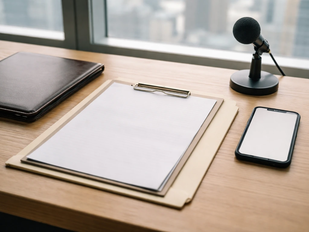Desk with an open contract folder, smartphone, and microphone suggesting contract earnings verification