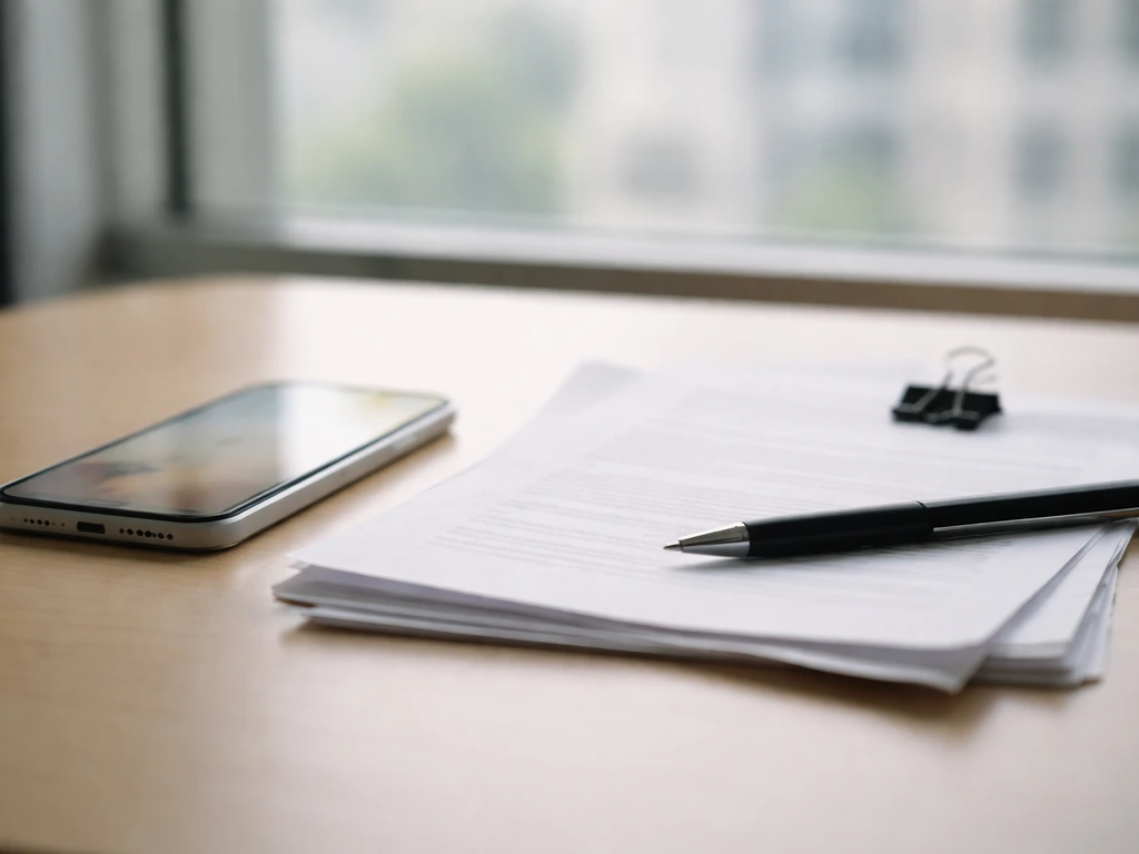 Close-up of a smartphone and printed documents on a desk, suggesting verifying media and financial claims.