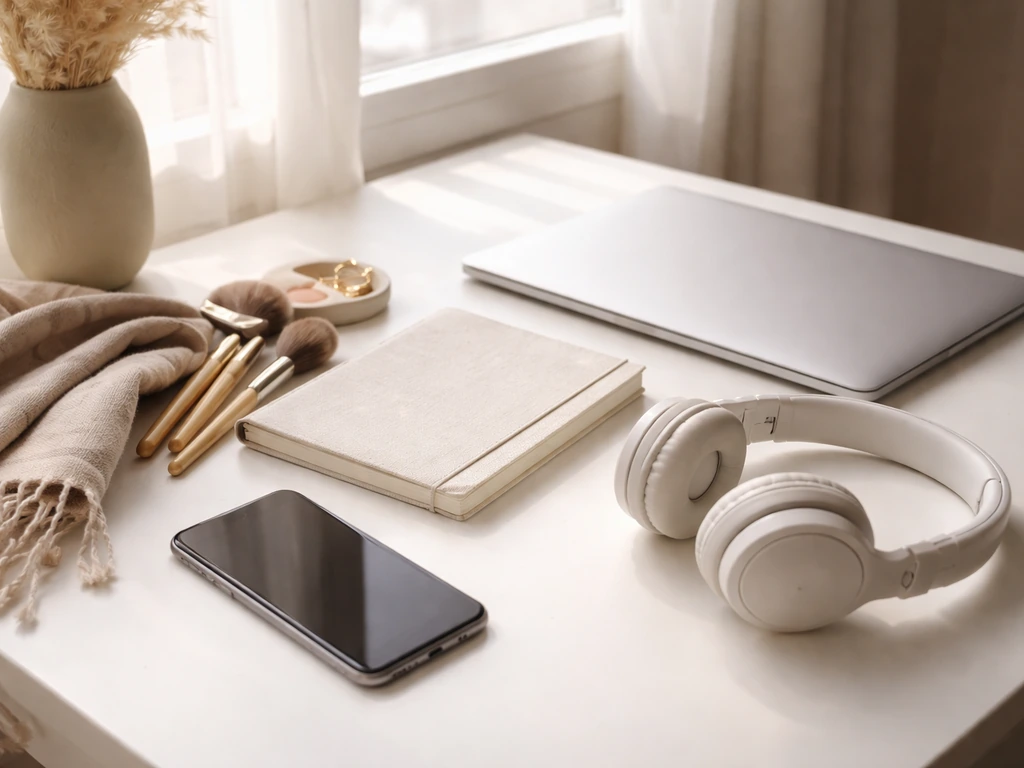 Minimal office desk scene with a smartphone and makeup brushes beside a neutral notebook, symbolizing online creator wea