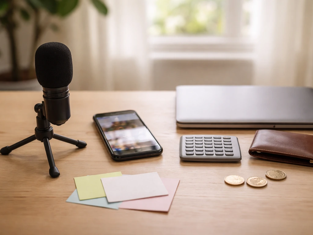 Anonymous desk setup with a microphone, smartphone, calculator, coins, and wallet symbolizing creator net-worth estimate