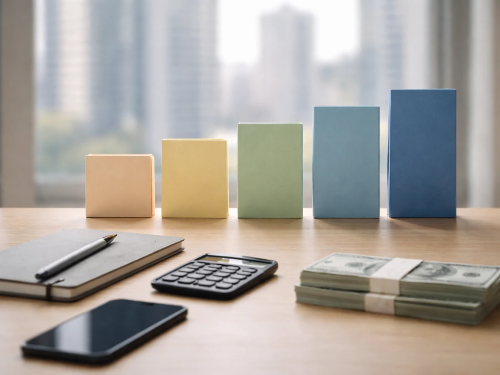 Minimal office desk with a smartphone, calculator, and scattered money symbols suggesting net worth growth.