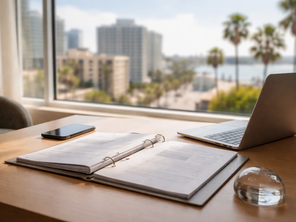Minimal real estate office desk near a window with blurred city and palm trees outside, no people.
