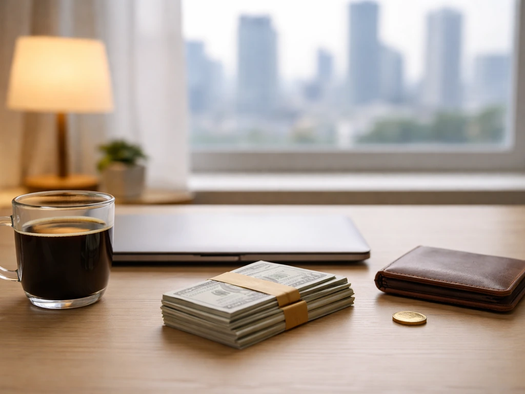 Minimal home office scene with cash envelopes and a coin symbolizing a net worth range.