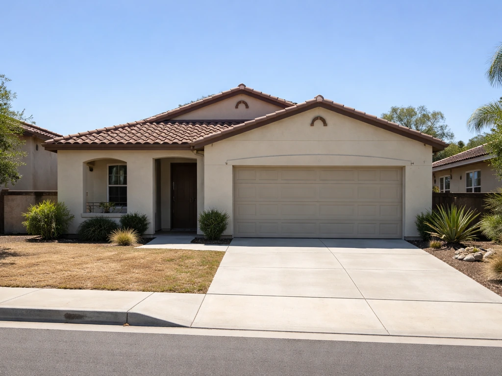 Sunlit suburban San Diego-style house exterior with driveway and small yard, symbolizing real estate holdings