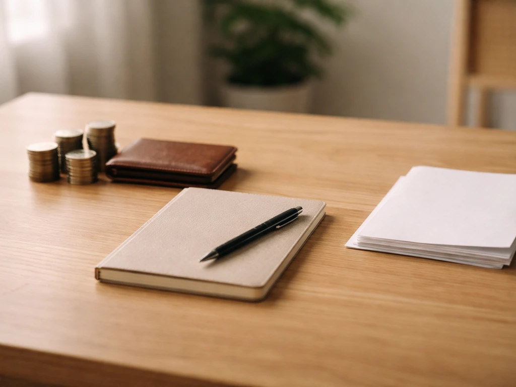 Minimal photo of a money-themed desk scene with a notebook and coins, symbolizing assets minus liabilities.