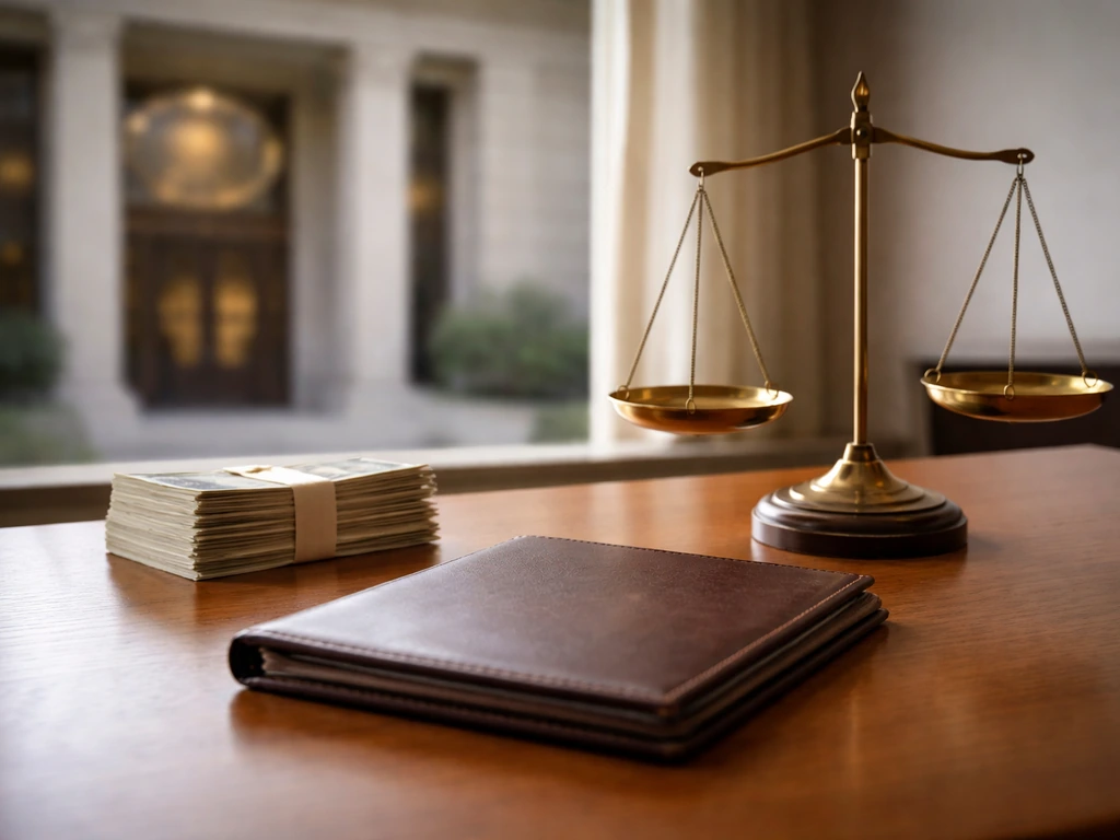 Minimal office desk with a small stack of cash and blurred government building background, symbolizing net worth range