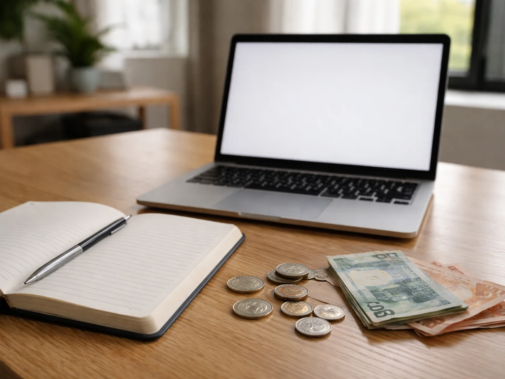 An open laptop beside a notebook with cash and coins, symbolizing building estimates from financial inputs.