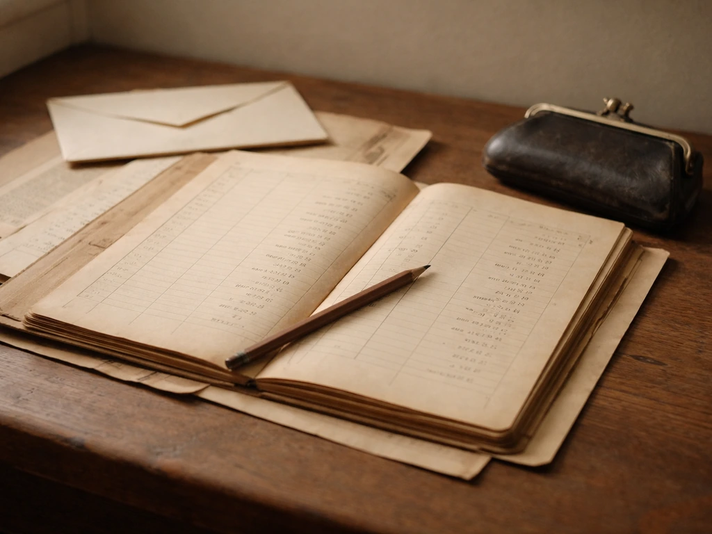 A close-up of aged ledger paper and vintage financial documents on a wooden desk, symbolizing assets minus liabilities.
