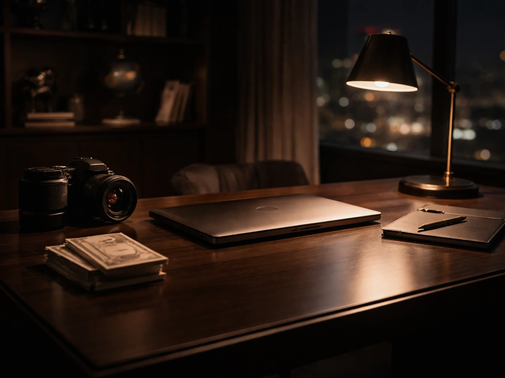 Cinematic film production office desk with laptop, camera gear, and cash-like props suggesting executive research