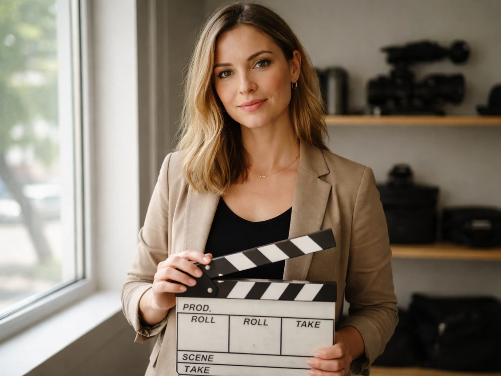 Oakland-born film producer in a simple studio setting holding a clapperboard near a window