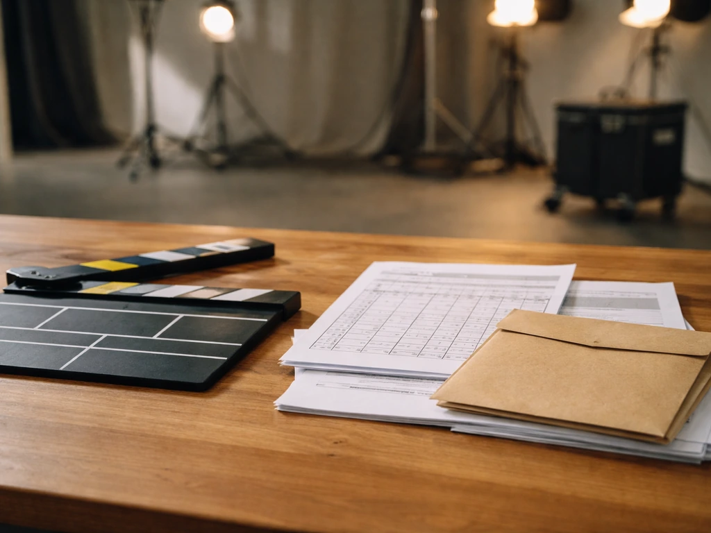 Minimal film set desk with clapperboard and production documents arranged near a checkbook-style envelope.