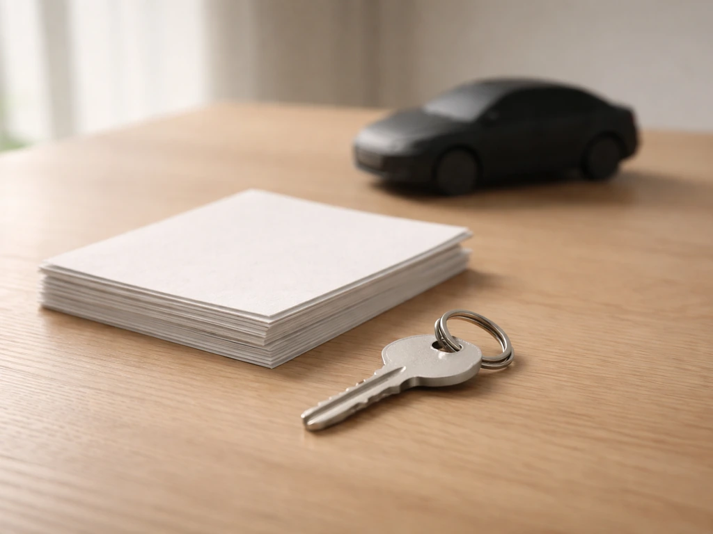 Close-up of a house key, blank mortgage papers, and a car silhouette on a wooden table.