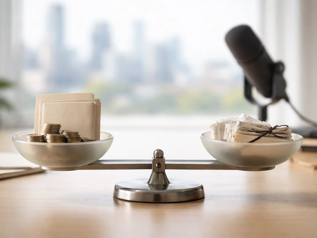 Minimal tabletop balance scale with coins and receipts, symbolizing net worth assets vs liabilities.