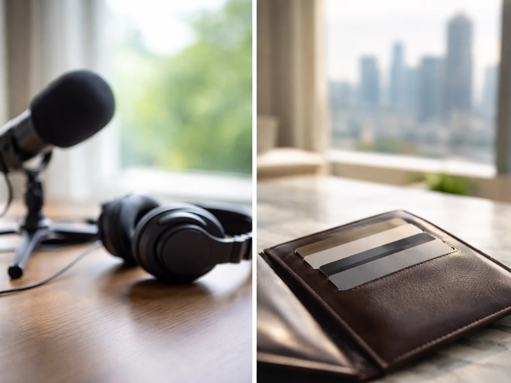 Two-panel side-by-side photo: studio microphone vs. wallet and skyline, one side brighter as likely reference.