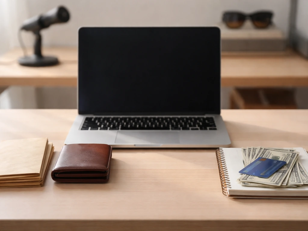 Open laptop beside savings envelopes and a credit card, with a microphone blurred in the background.