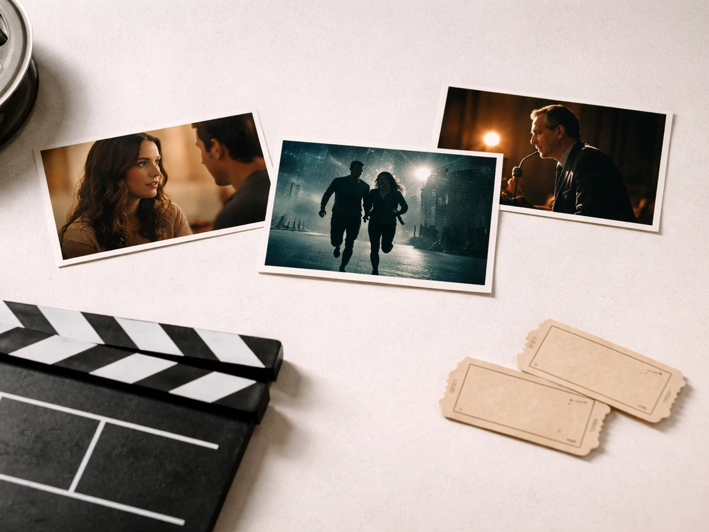 Minimal collage of anonymous film stills with clapboard and film reel on a studio surface.