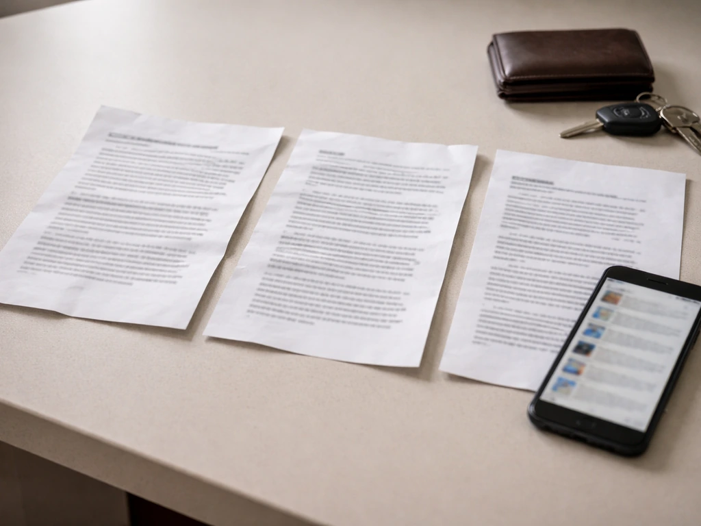 Three printed pages and a blurred phone screen on a desk, symbolizing unverified net worth estimates.