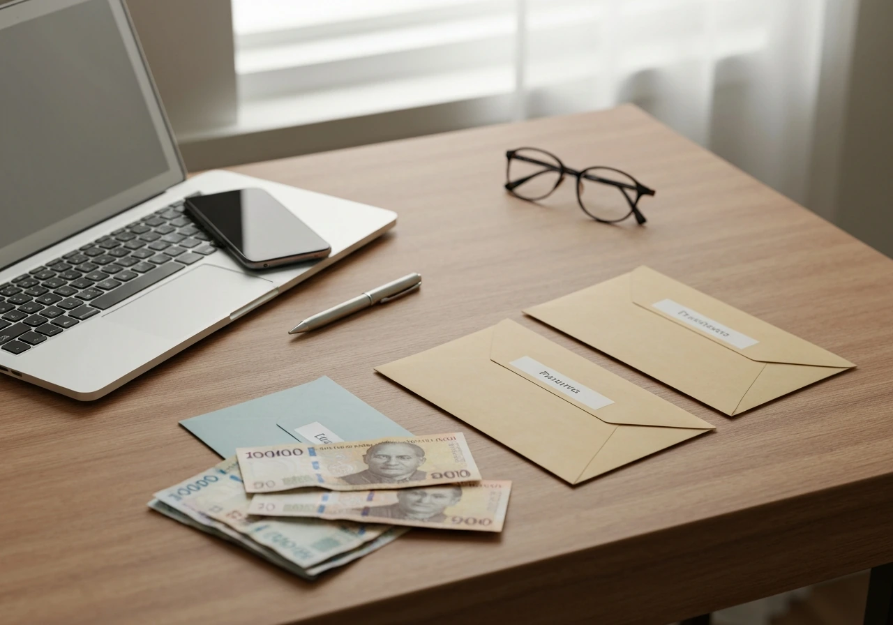 Minimal photo of a desk with a laptop, smartphone, and cash-like envelopes beside a pen