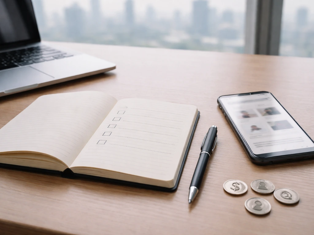 Minimal office scene with a notebook checklist and smartphone showing transfer-market style web browsing, no readable te