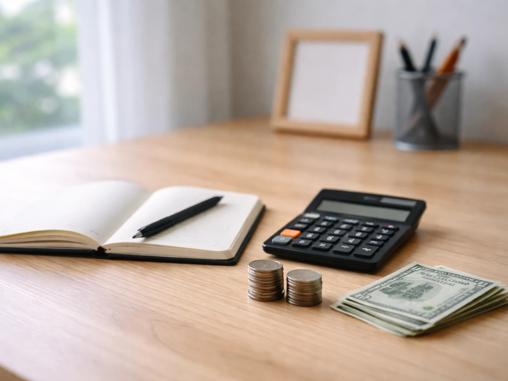 Minimal desk scene with scattered cash, a notebook, and a calculator representing net worth calculation