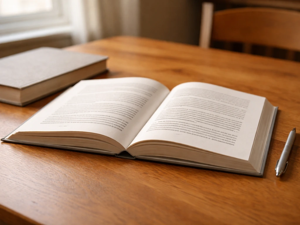 Open cookbook on a wooden table with a pen and a close-up of printed pages, softly lit.