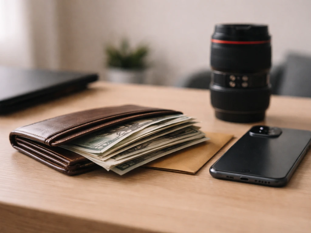 Minimal studio desk with cash and a camera lens, suggesting an estimated net worth range