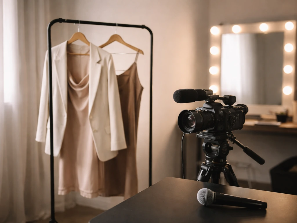 Backstage studio corner with media gear and a garment rack, suggesting bookings and brand partnerships.