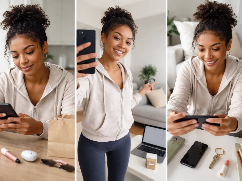 UGC-style frames of an anonymous woman filming on her phone near everyday items and a shopping bag
