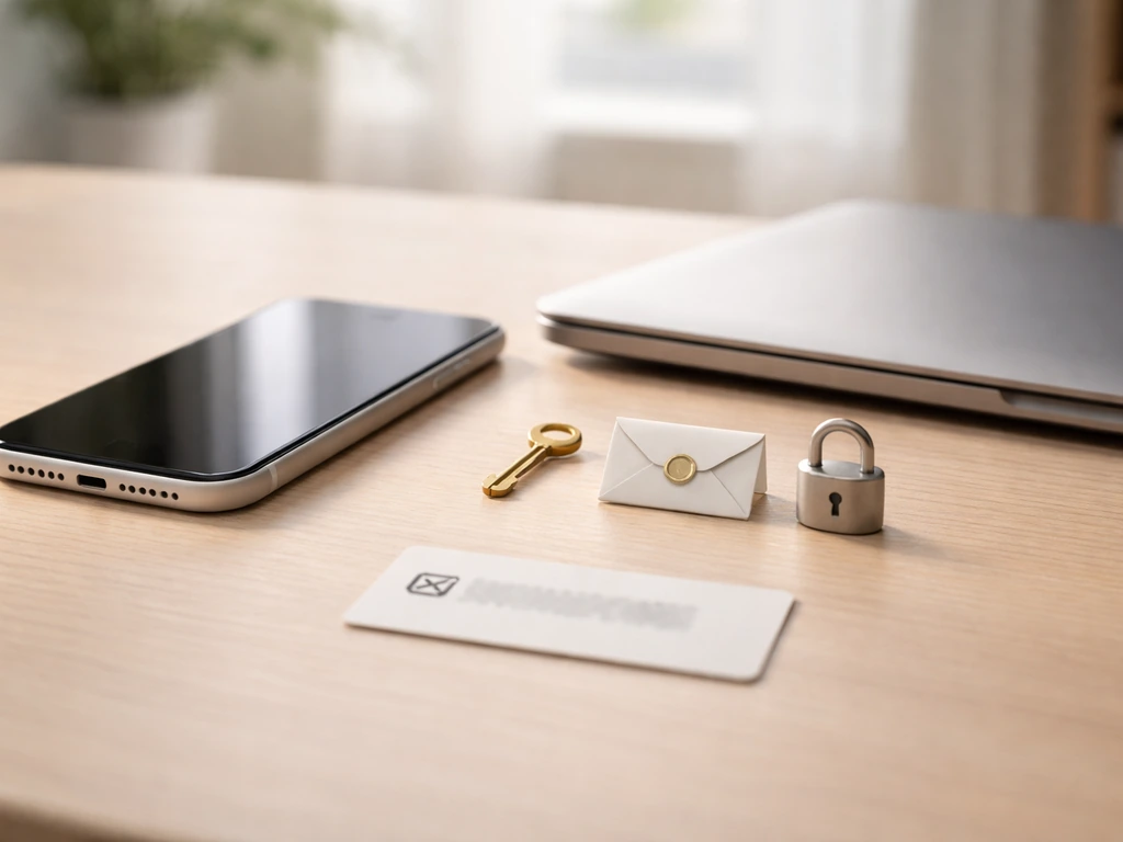 Minimal desk scene with smartphone and closed laptop beside small icons symbolizing identity and verification steps