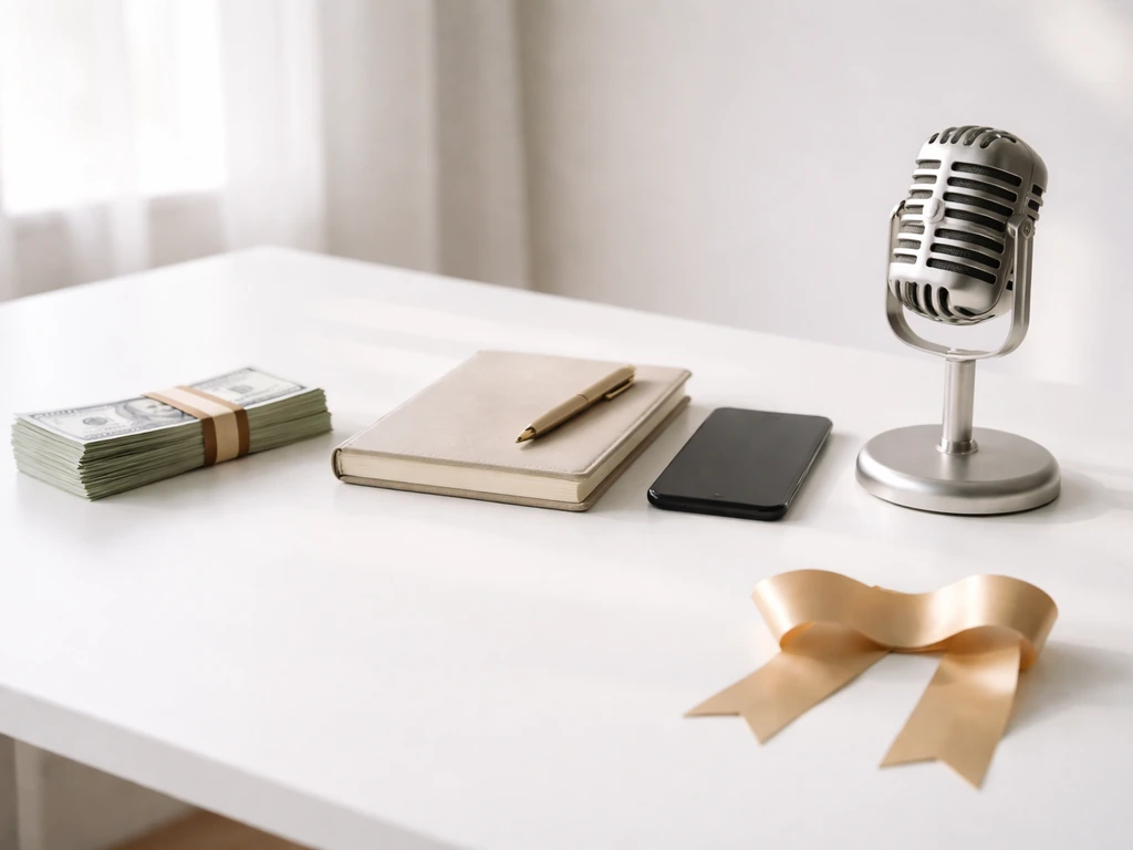 Minimal desk scene with money, a mic, and media props symbolizing income buckets behind a net-worth estimate.