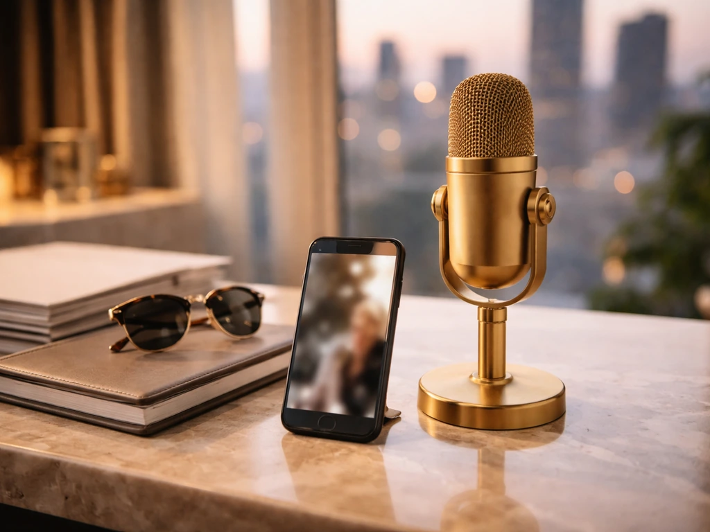 Luxury desk setup with gold microphone and skyline light, symbolizing media success and rising earning power.