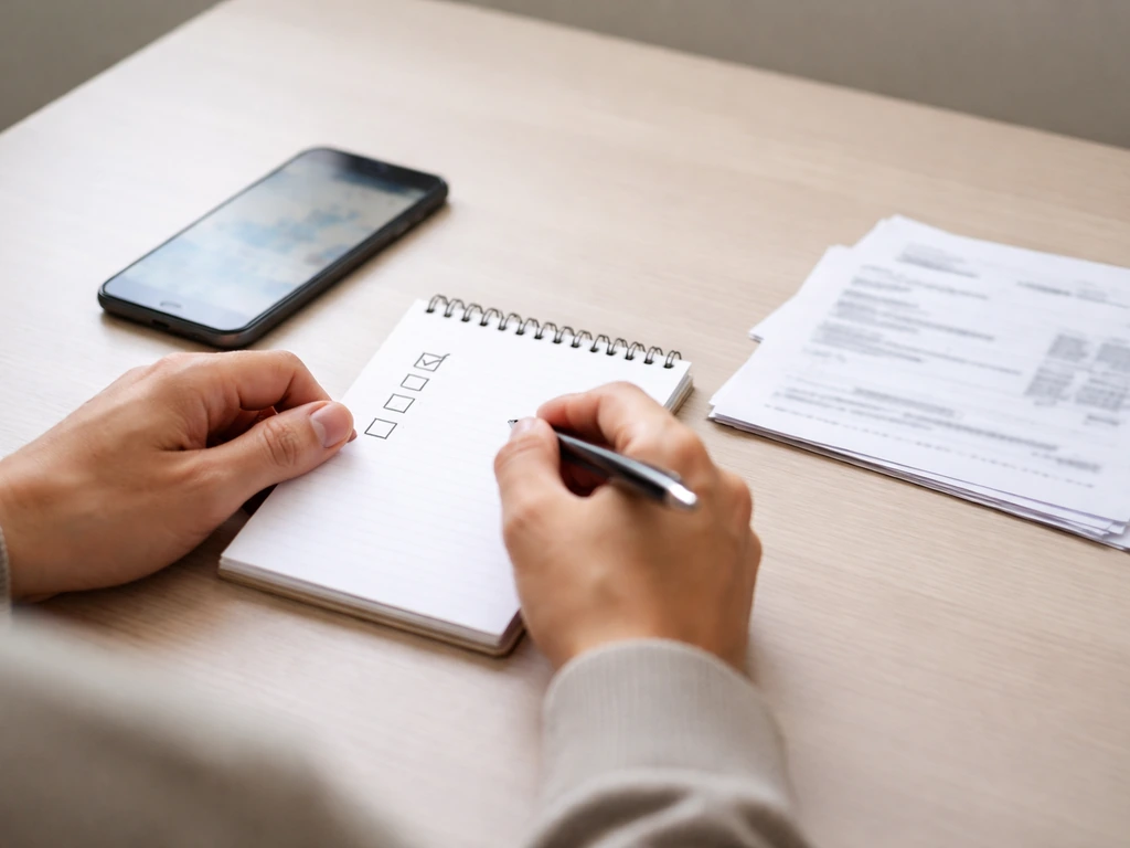 Person reviewing a checklist and documents on a desk, symbolizing sanity-checking an online net worth figure.