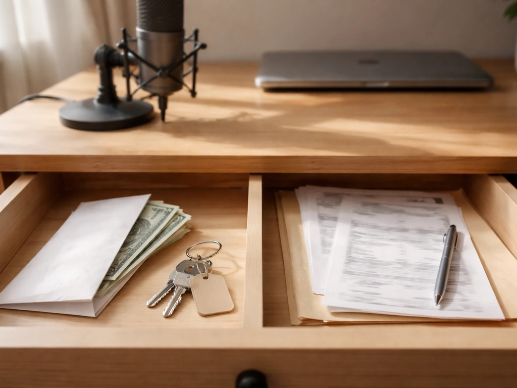 Minimal photo of a small music studio desk with a cash envelope, keys, and an open bill folder—assets vs debts.