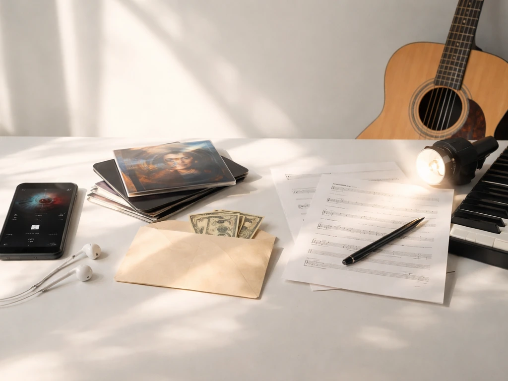 Minimal collage on a table: phone for streaming, vinyl/royalty envelope, guitar and sheet music, and touring stage light